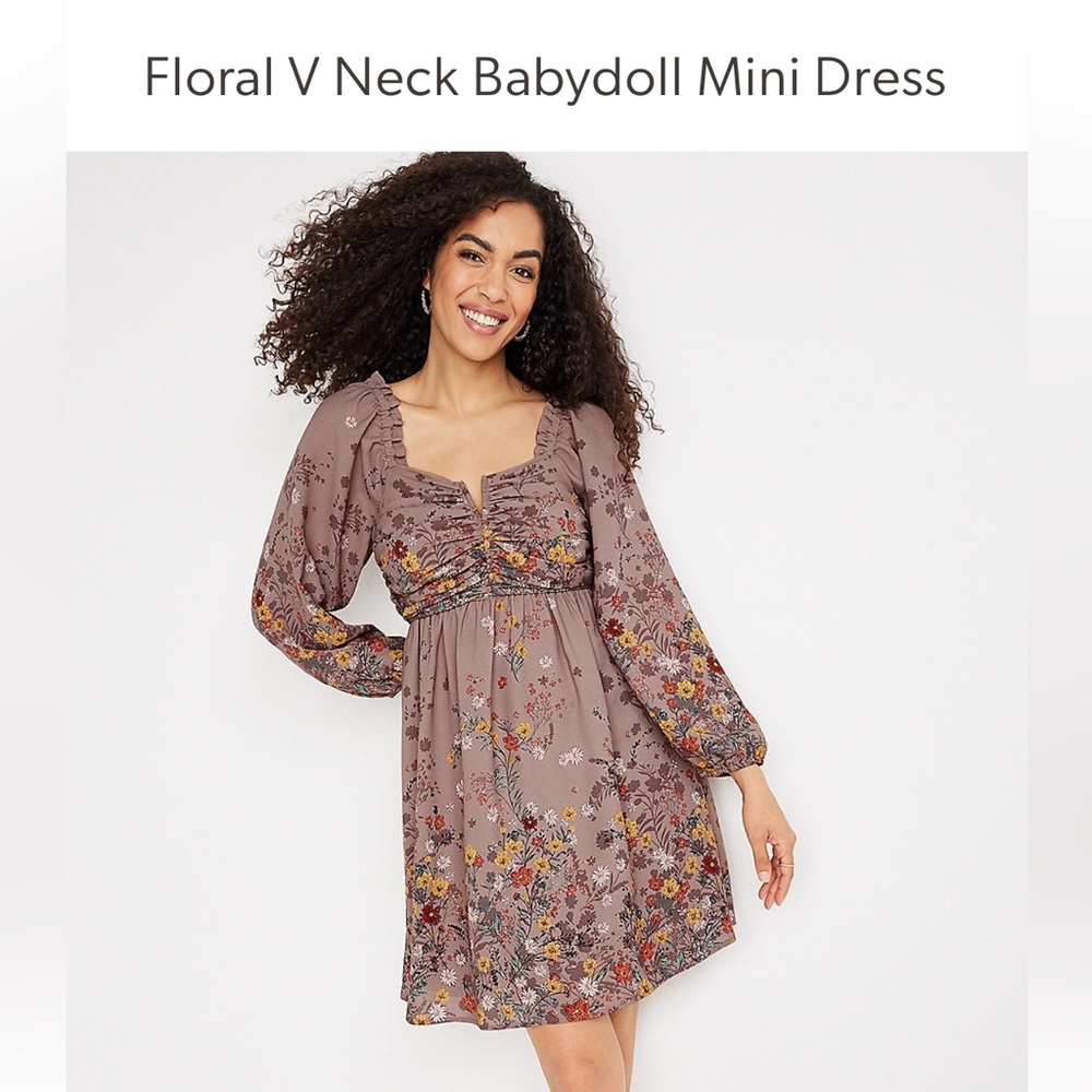 Brown floral V neck baby doll dress